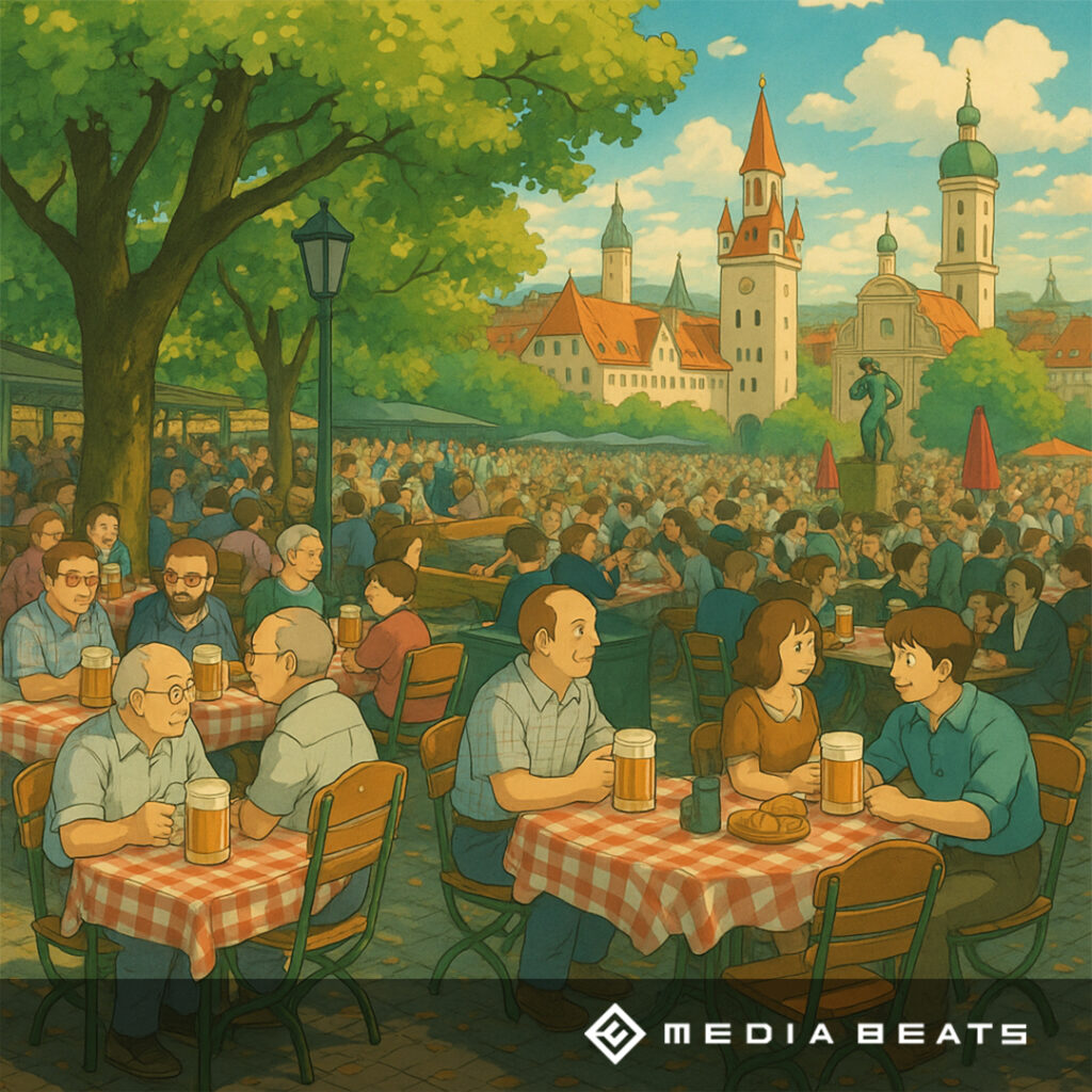 media-beats-gmbh-digital-marketing-blog-muenchen-stadtmarketing Menschen genießen Bier und Gespräche im Münchner Biergarten an einem sonnigen Tag, umgeben von historischer Architektur.