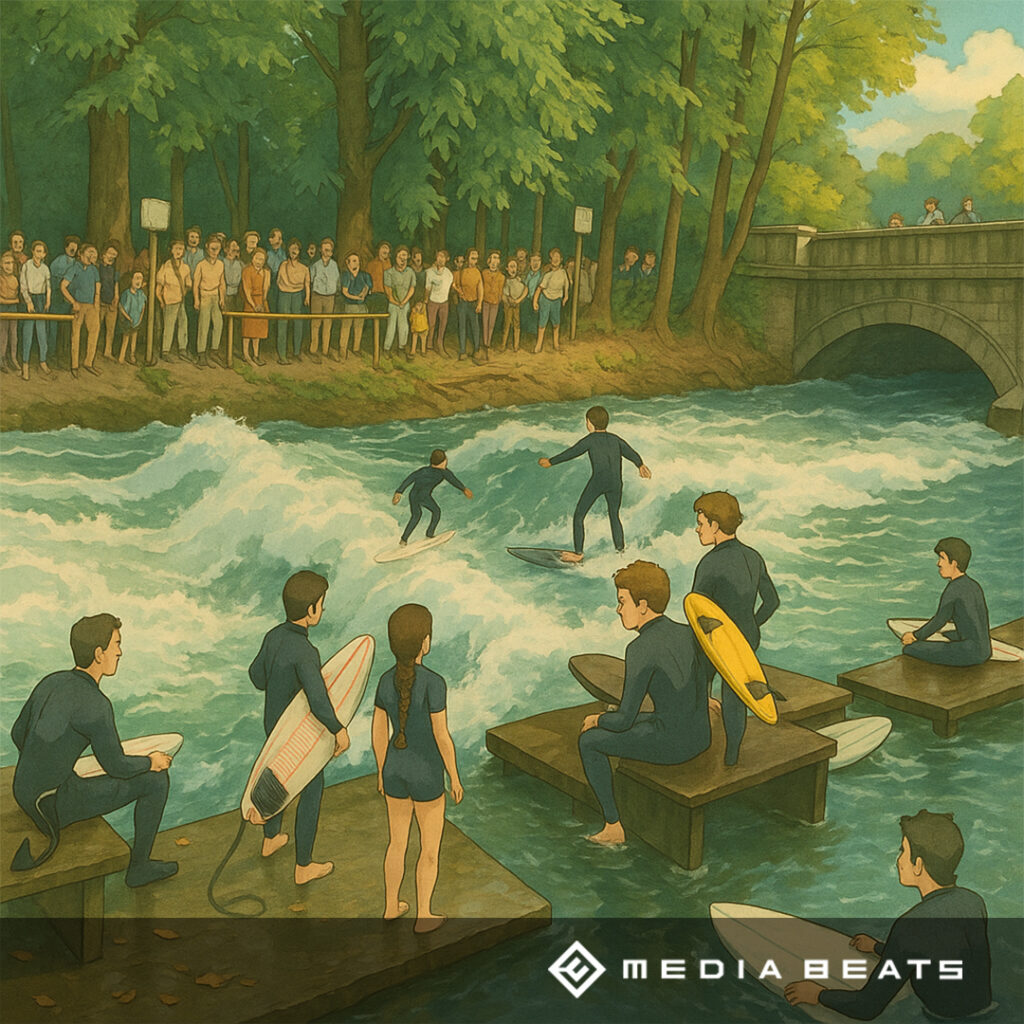 media-beats-gmbh-digitales-marketing-blog-muenchen-stadtmarketing Surfer auf der Eisbachwelle in München, umgeben von Zuschauern im Englischen Garten.