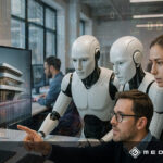 Zwei humanoide Roboter und zwei Menschen betrachten gemeinsam ein Architekturmodell auf einem Computerbildschirm in einem modernen Büro.