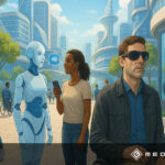 Menschen und Roboter in einer futuristischen Stadt, barrierefreie Technologien wie Sprachassistenten und digitale Gebärdensprache sichtbar.
