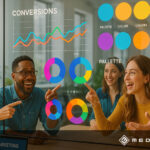 Team von vier Personen analysiert bunte Diagramme und Farbpaletten auf einer Glaswand, E-Mail-Marketing-Daten auf Laptop im Vordergrund.