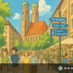 Menschen spazieren durch die Münchner Altstadt in Richtung Frauenkirche, mit Straßencafé und Wegweisern im Vordergrund. -Media Beats GmbH