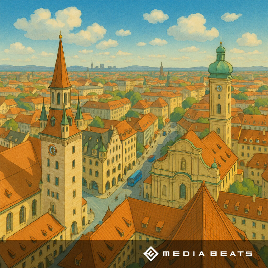 media-beats-gmbh-online-marketing-blog-muenchen-stadtmarketing Blick über die Altstadt von München mit Türmen, roten Dächern und barocker Kirche an einem sonnigen Tag.