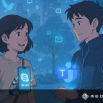 Zwei Personen mit Skype- und Teams-Logo im digitalen Stadtpark