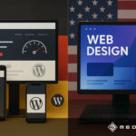 Vergleich von Website-Design und Performance zwischen Deutschland und USA auf verschiedenen Geräten vor deutschen und amerikanischen Flaggen.