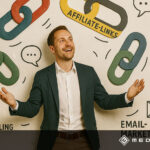 Geschäftsmann mit offenem Blick, umgeben von Symbolen zu Affiliate-Links, SEO, Storytelling, Social Media und E-Mail-Marketing. - Media Beats GmbH