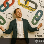 Geschäftsmann mit offenem Blick, umgeben von Symbolen zu Affiliate-Links, SEO, Storytelling, Social Media und E-Mail-Marketing. - Media Beats GmbH