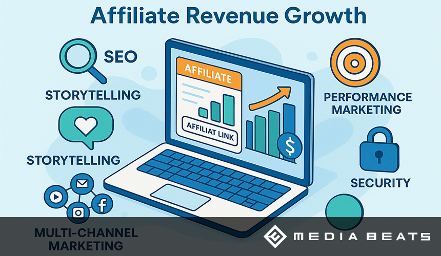 media-beats-gmbh-marketing-affiliate-marketing-steigerung-umsaetze Illustration eines Laptops mit einem Affiliate-Marketing-Dashboard, umgeben von Icons für SEO, Storytelling, Multi-Channel-Marketing, Performance Marketing und Sicherheit. - Media Beats GmbH