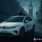 Autonomes Fahrzeug von Wayve und Uber auf Londons Straßen bei Big Ben, umgeben von Passanten und digitalen Sensorwellen. - Media Beats GmbH
