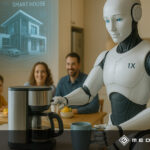 Humanoider Roboter bereitet Kaffee in moderner Küche für Familie zu, im Hintergrund Hologramm eines Smart Homes.