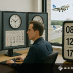 Mann sitzt am Schreibtisch vor drei Monitoren mit Uhren und Kalender, im Hintergrund starten mehrere Flugzeuge mit LinkedIn-Logo vom Flughafen. - Media Beats GmbH