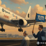 Flugzeug mit Logos von OpenAI, TSMC, Google und Apple landet am Münchner Flughafen. Drei Personen, darunter ein Mann mit TUM-Flagge, beobachten die Landung. - Media Beats GmbH