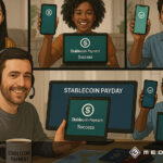 Videokonferenz mit fünf Personen, die stabile Kryptowährungszahlungen auf Smartphones und Tablets zeigen. Logos von PayPal, USDC und Tether sind sichtbar. - Media Beats GmbH