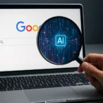 Laptop mit Google-Suchseite, Lupe zeigt künstliche Intelligenz Symbol für smarte Suchmaschinenwerbung – Media Beats GmbH