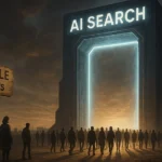 Illustration AI Search vs. Google SERPs: Menschen gehen in ein leuchtendes Tor der KI-Suche – Media Beats