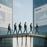 Foto Gastbeiträge und Linktausch: Business-Leute überqueren Brücke zwischen zwei Websites als Symbol für SEO 2025 – Media Beats GmbH