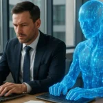 Foto KI im Arbeitsalltag: Geschäftsmann arbeitet am Laptop neben digitalem KI-Avatar – Media Beats GmbH