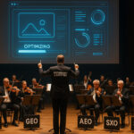 Orchester mit Schildern SEO, AIO, GEO, AEO und SXO, dirigiert von Performance Marketing, Symbol für moderne Optimierungsstrategien – Media Beats