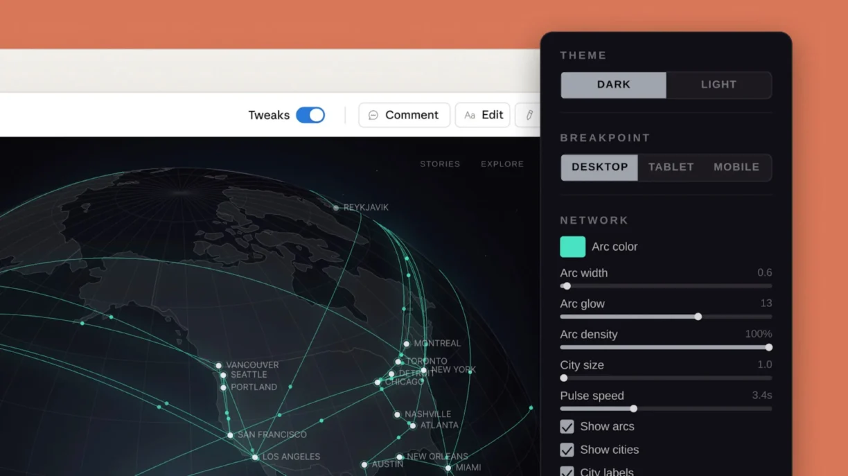 Interaktive Weltkarte mit Netzwerkverbindungen und UI-Panel zur Anpassung von Design und Datenvisualisierung. - Media Beats
