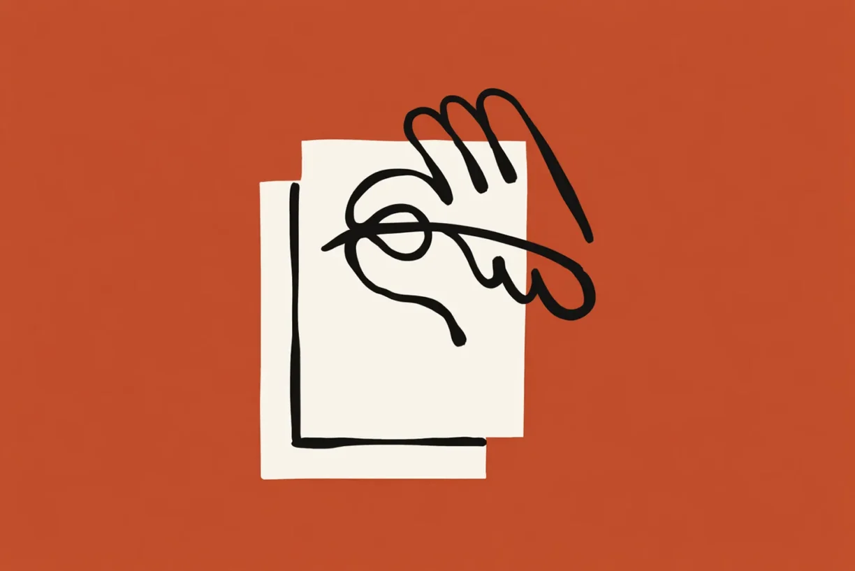 Minimalistische Illustration einer Hand, die ein Blatt Papier mit abstrakter Linienzeichnung h&auml;lt, vor orangefarbenem Hintergrund. - Media Beats