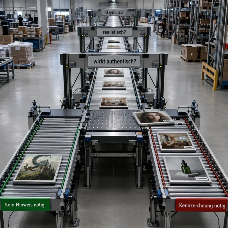 Industrielle Sortieranlage prüft KI-Bilder auf Realismus und Authentizität und trennt sie nach Kennzeichnungspflicht.