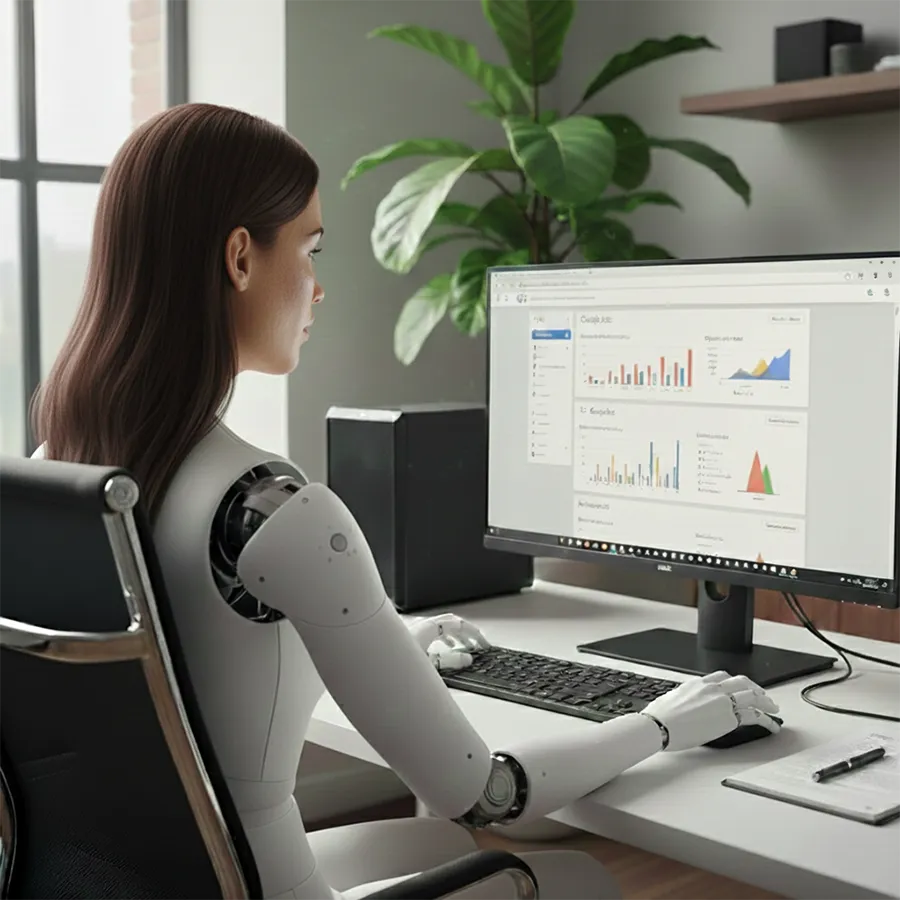 Eine weiblich geformte Roboter-Gestalt mit weißen mechanischen Armen sitzt an einem Schreibtisch und bedient einen Computer. Auf dem Monitor sind farbige Balkendiagramme und Performance-Metriken eines KI SEA-Audits zu sehen.
