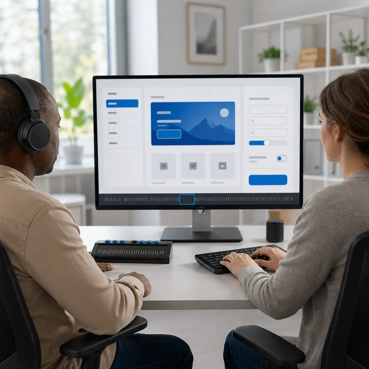 Zwei Personen testen eine barrierefreie Website mit Braillezeile, Tastatur und Screenreader. - Media Beats