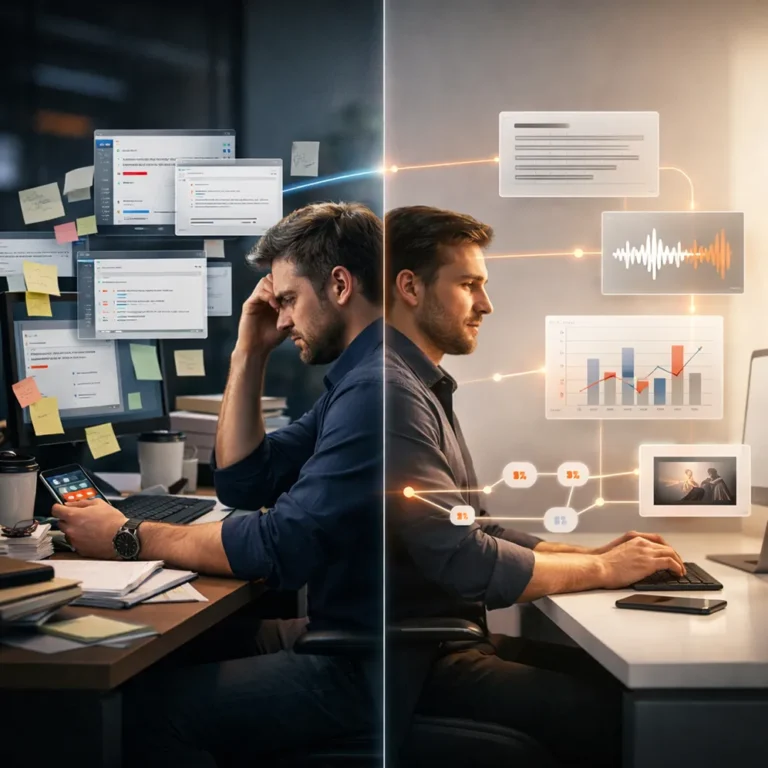 Mann arbeitet links im Chaos, rechts strukturiert mit KI-gestützten Tools und klaren Datenvisualisierungen. - Media Beats