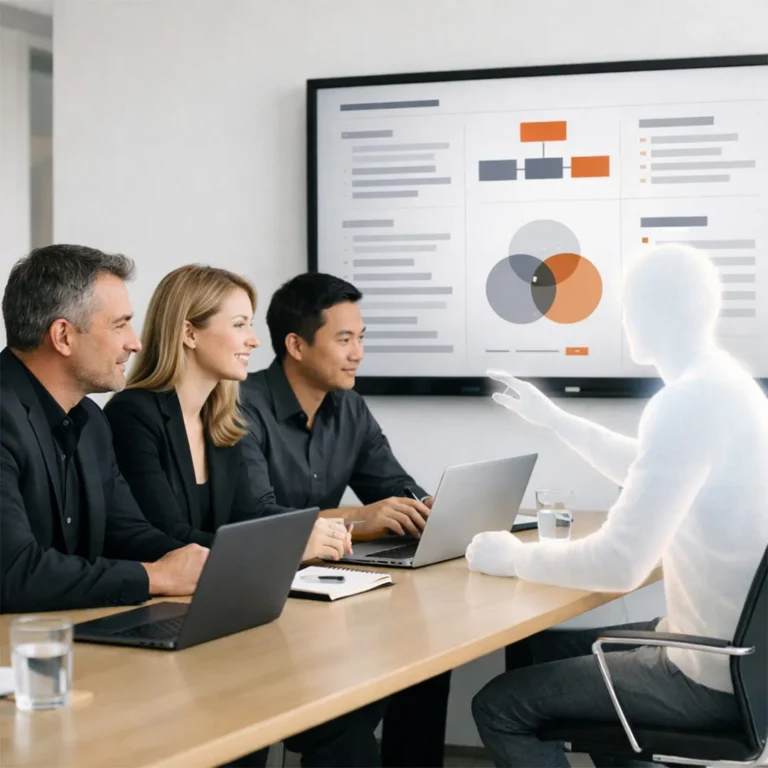 Drei Personen sitzen im Meeting und besprechen Daten auf einem Bildschirm, während eine KI-Figur als Gesprächspartner teilnimmt. - Media Beats