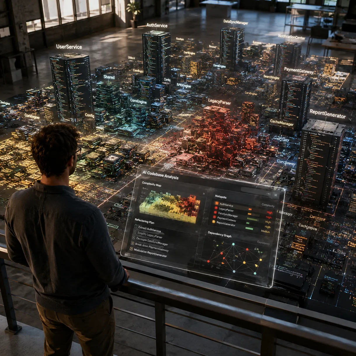 Entwickler analysiert eine komplexe Softwarelandschaft mit KI-gest&uuml;tzter Codeanalyse und Architekturvisualisierung.