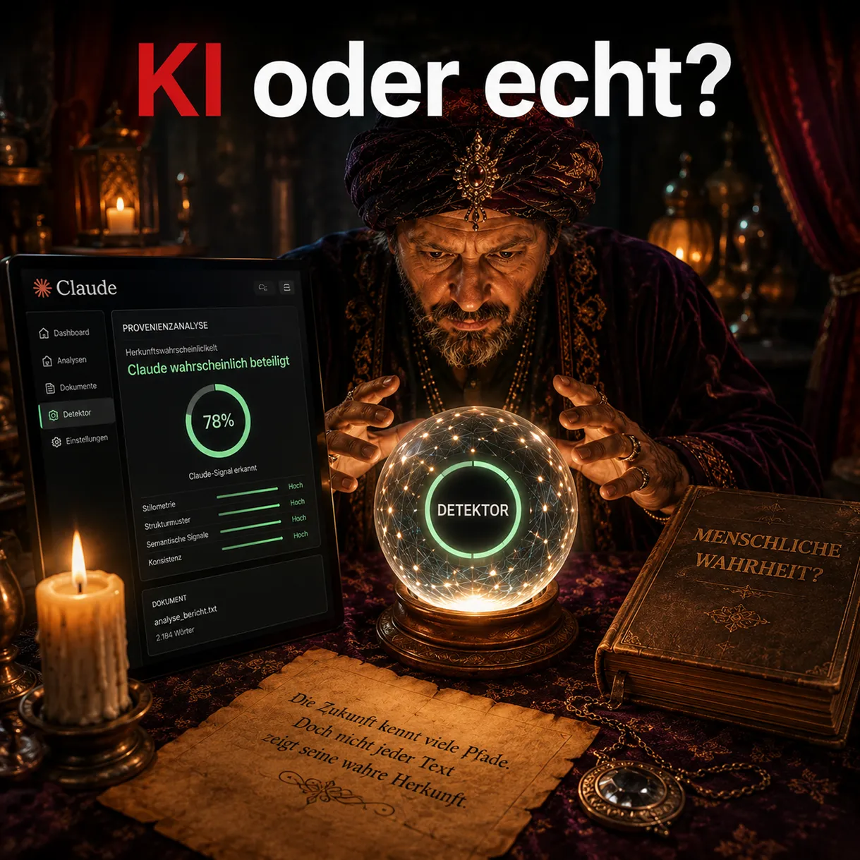 Wahrsager prüft mit Claude-Detektor einen Text und erhält 78 Prozent Wahrscheinlichkeit für eine KI-Beteiligung.