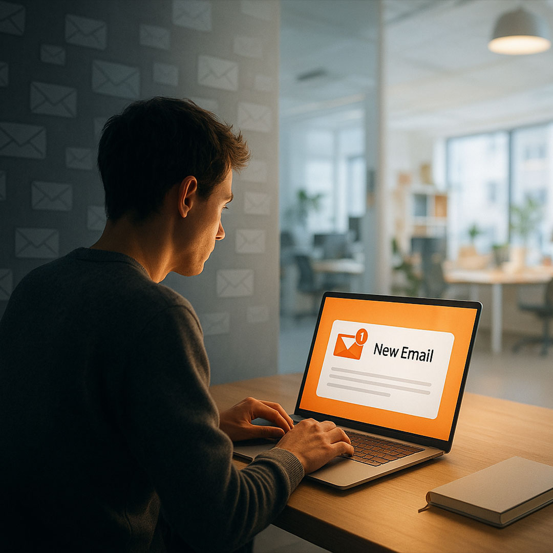 Person am Laptop mit neuer E-Mail-Benachrichtigung, Symbol für steigende Newsletter-Frequenz – Media Beats