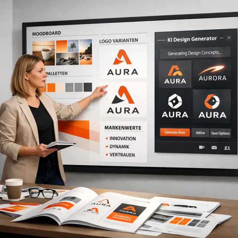 Branding-Expertin präsentiert Logo-Varianten und KI-generierte Designkonzepte auf großem Screen. - Media Beats