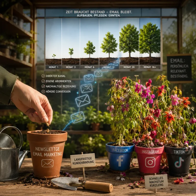 E-Mail-Marketing wird als langfristig wachsender Baum dargestellt, während Social-Media-Pflanzen verwelken.