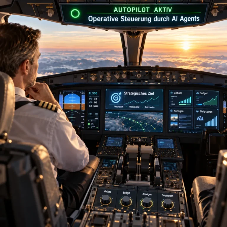Pilot überwacht in einem Flugzeugcockpit einen aktiven KI-Autopiloten. Die Anzeigen visualisieren die operative Steuerung von Google Ads durch AI Agents sowie strategische Ziele, Gebote, Budgets, Anzeigen und Zielgruppen.