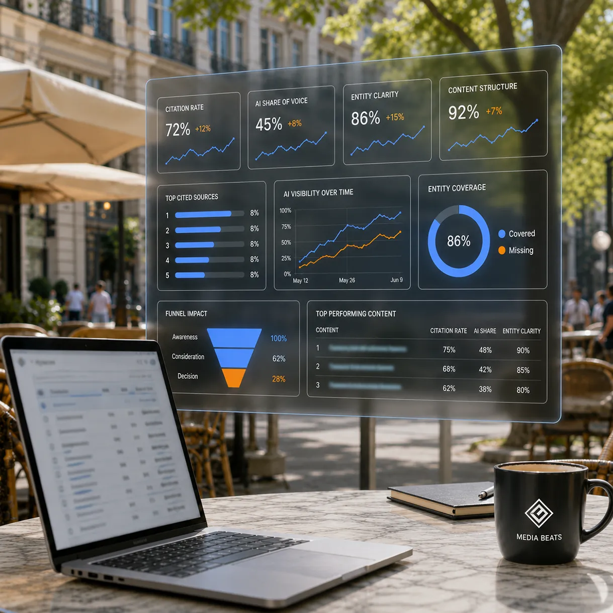 Laptop mit GEO- und KI-SEO-Dashboard auf Caf&eacute;terrasse neben Media-Beats-Tasse im Stadtumfeld.