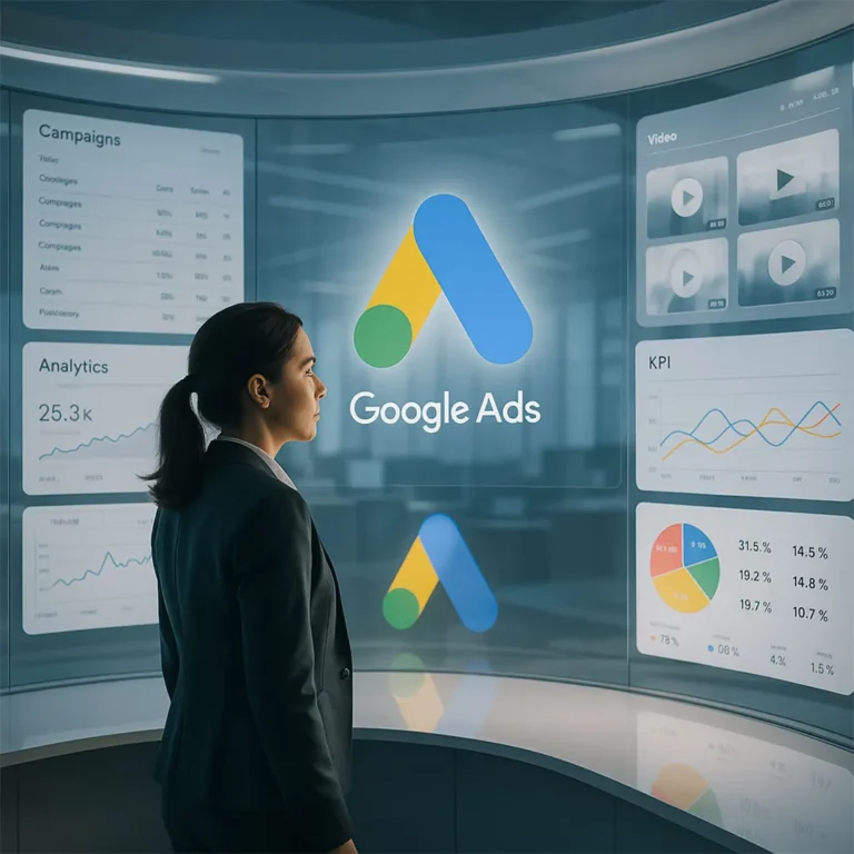 Frau betrachtet ein großes Google-Ads-Dashboard mit Kampagnendaten, KPIs, Analytics und Video-Statistiken. - Media Beats