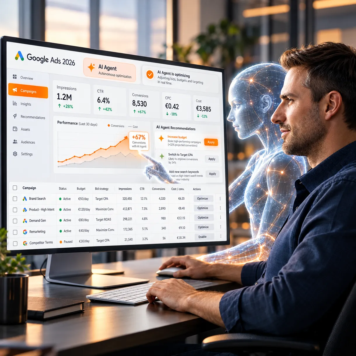 Marketingexperte arbeitet mit einem holografischen KI-Agenten an einem Google Ads Dashboard 2026. Sichtbar sind Kampagnen, Leistungskennzahlen, Conversion-Entwicklung und automatisierte Optimierungen.
