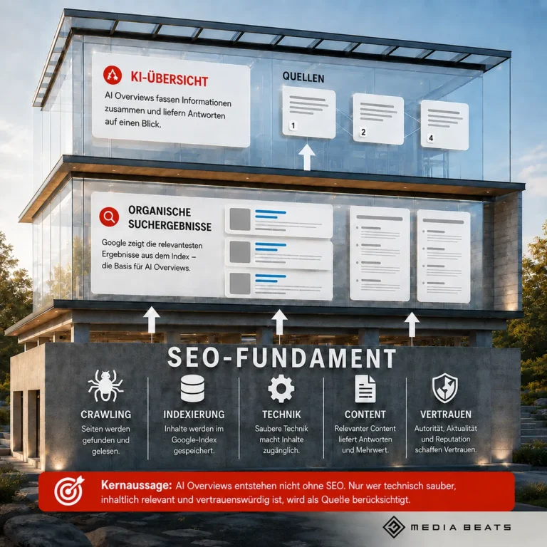 Infografik zeigt, wie ein solides SEO-Fundament die Basis für Google AI Overviews und KI-Quellen bildet.