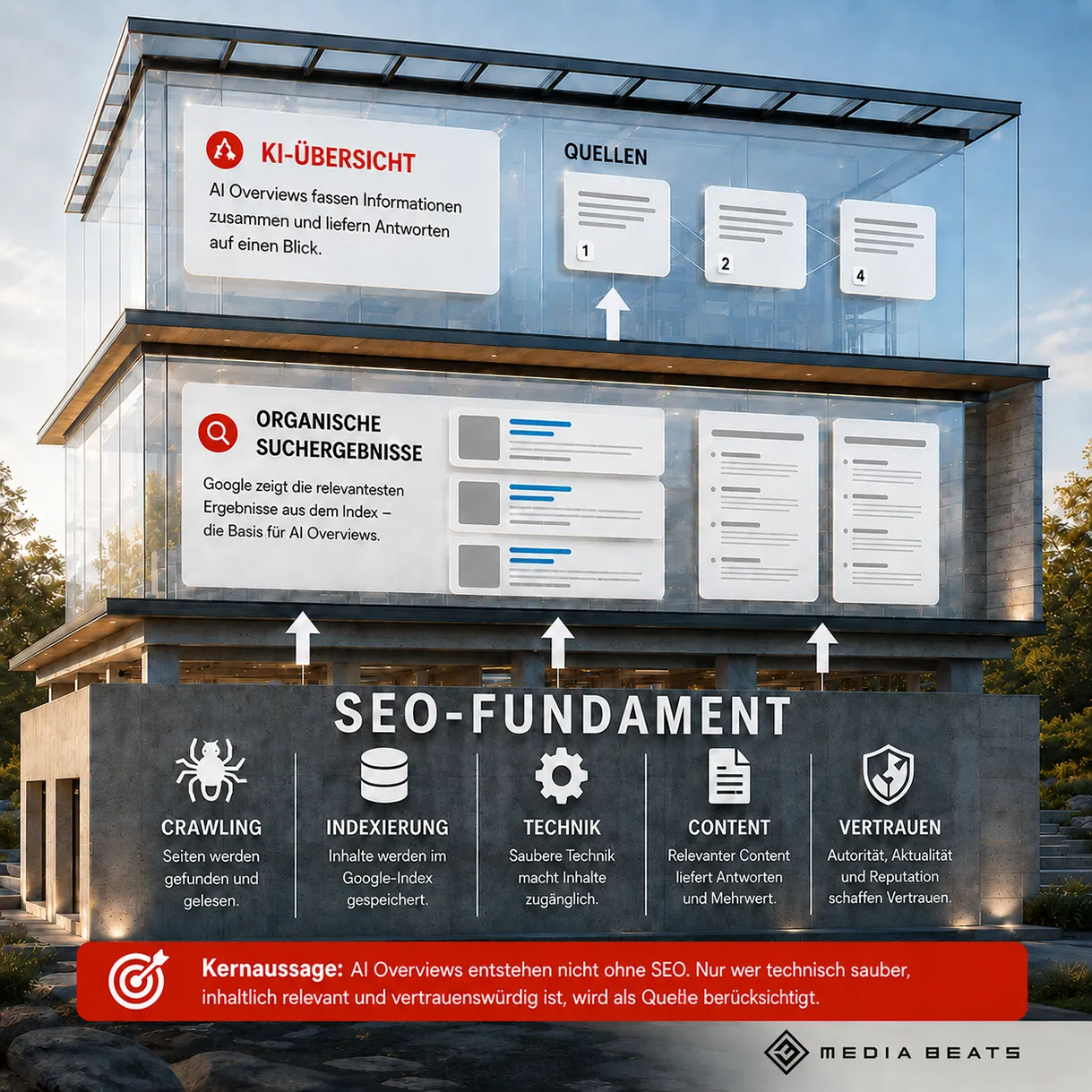 Infografik zeigt, wie ein solides SEO-Fundament die Basis für Google AI Overviews und KI-Quellen bildet.