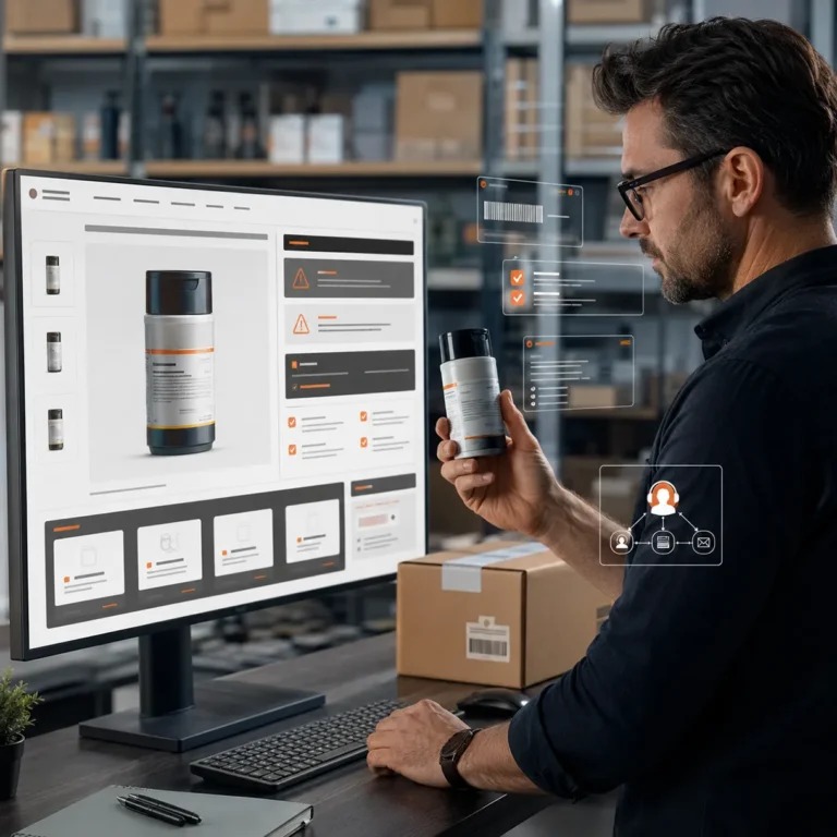 E-Commerce-Händler prüft Produktinformationen und Compliance-Anforderungen auf einer Produktseite im Online-Shop.