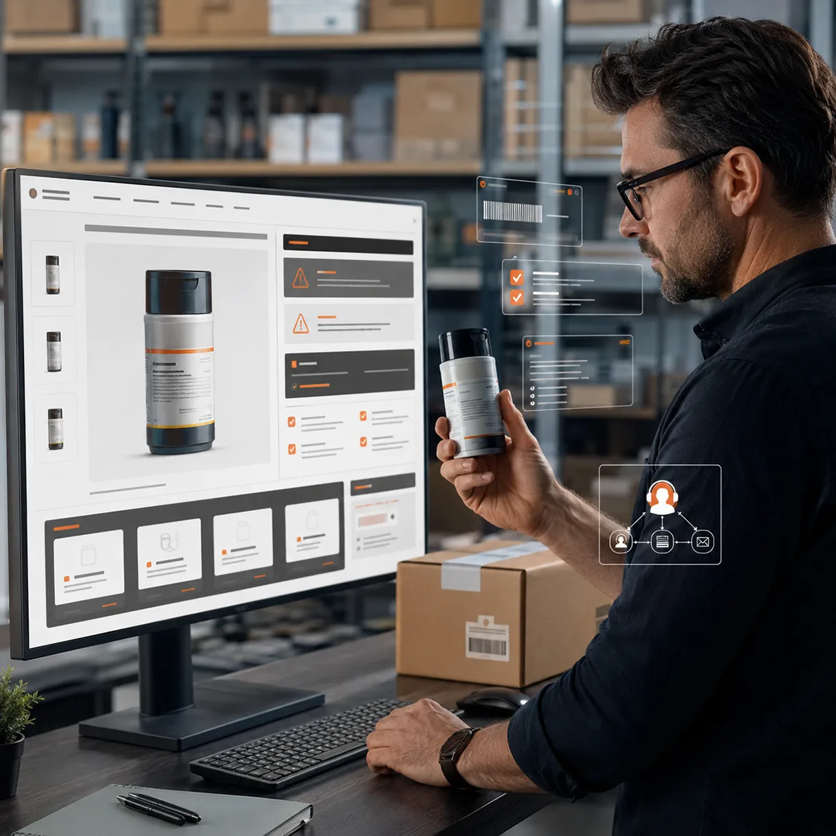 E-Commerce-H&auml;ndler pr&uuml;ft Produktinformationen und Compliance-Anforderungen auf einer Produktseite im Online-Shop.