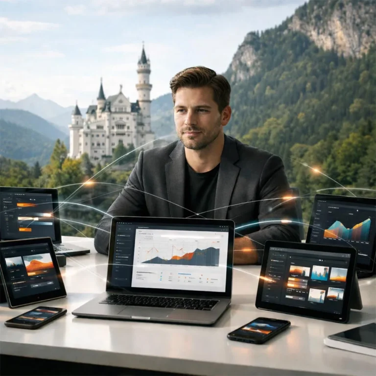 Marketing-Experte arbeitet mit vernetzten KI-Dashboards auf mehreren Geräten vor alpiner Kulisse. - Media Beats