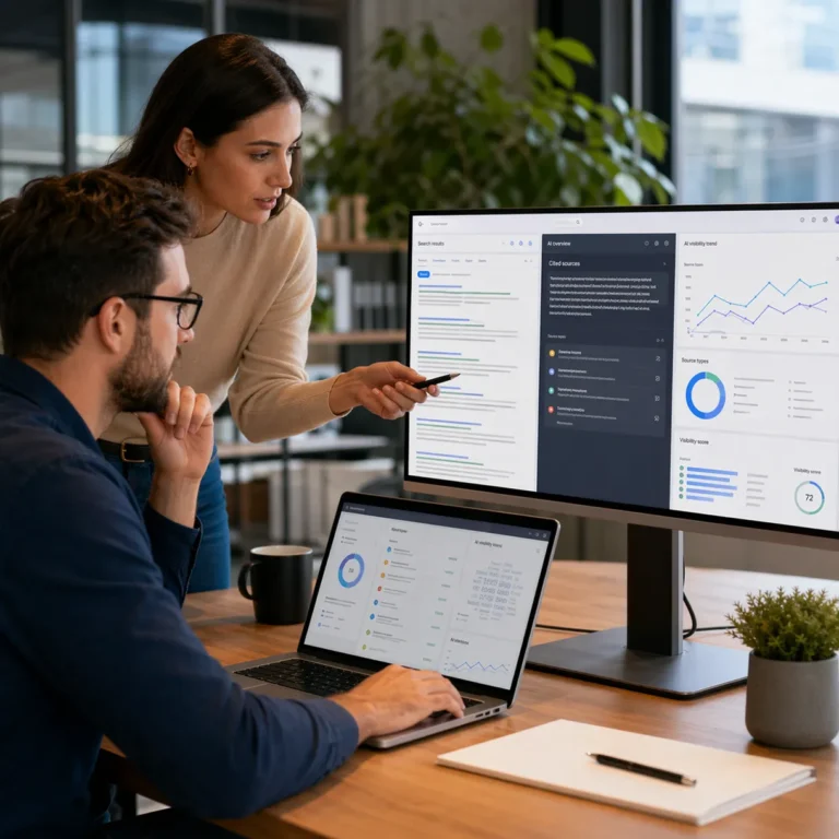 Zwei Marketing-Experten analysieren AI-Overview-Daten und Sichtbarkeitskennzahlen auf einem SEO-Dashboard im Büro.