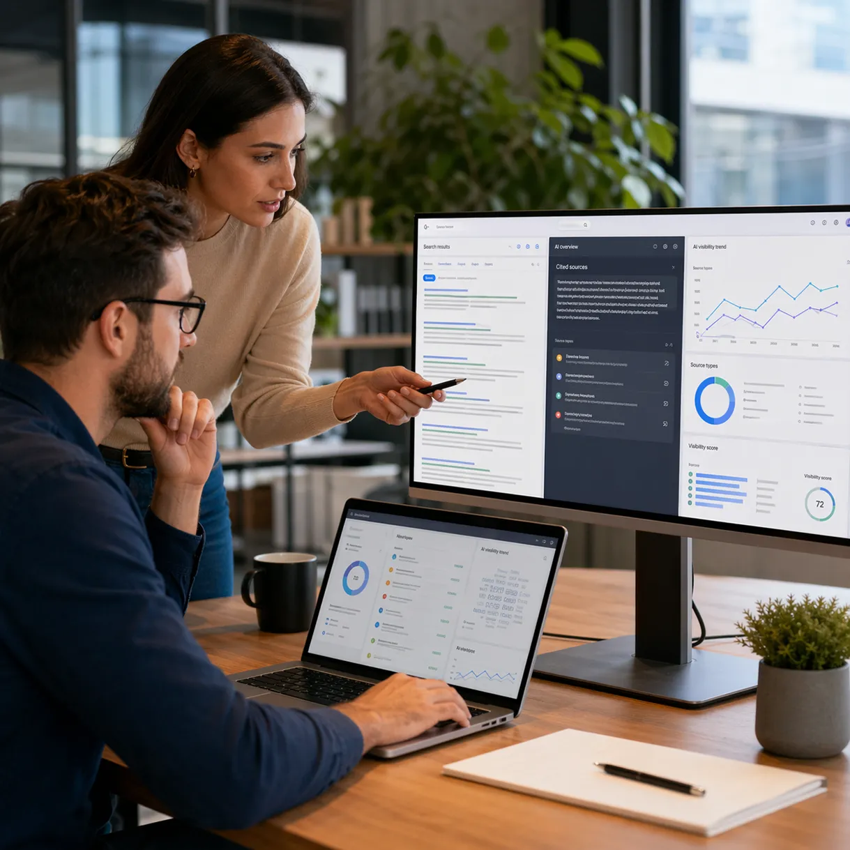 Zwei Marketing-Experten analysieren AI-Overview-Daten und Sichtbarkeitskennzahlen auf einem SEO-Dashboard im B&uuml;ro.