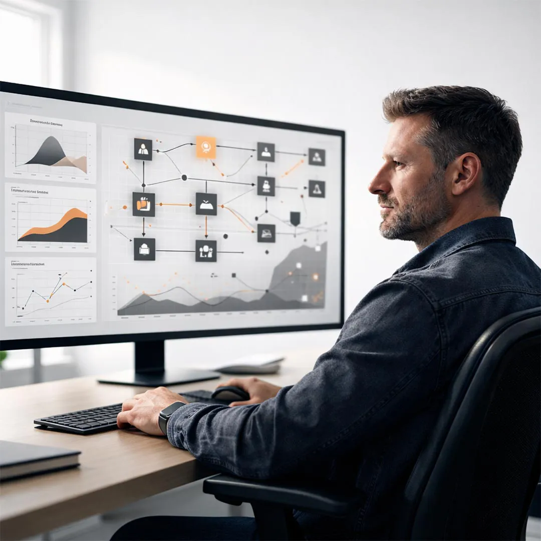 Mann arbeitet am Schreibtisch und analysiert auf einem gro&szlig;en Monitor vernetzte Daten, Diagramme und KI-gest&uuml;tzte Marketingprozesse. - Media Beats