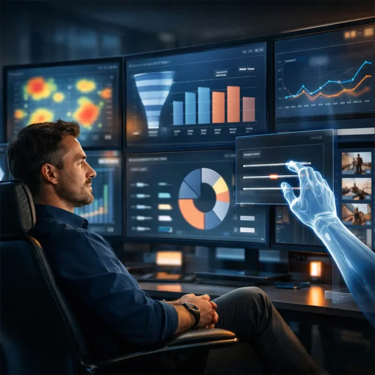 Mann sitzt vor mehreren Analyse-Dashboards, während eine KI-Hand interaktiv Diagramme, Filter und Leistungsdaten steuert. - Media Beats