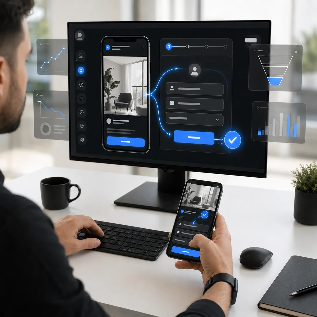Marketer erstellt ein Meta Instant-Formular f&uuml;r mobile Leadgenerierung auf Monitor und Smartphone. - Media Beats