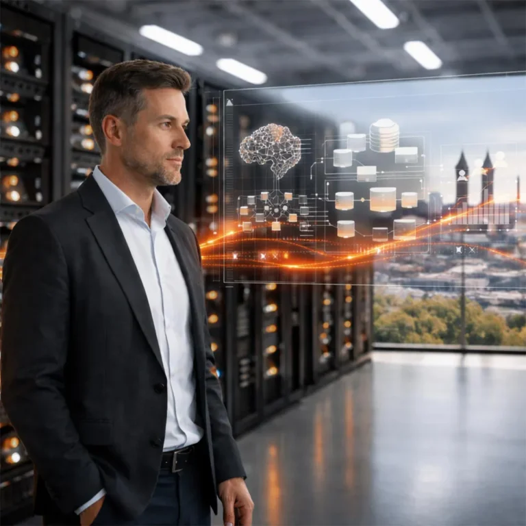Mann steht in einem Rechenzentrum vor Servern, während eine digitale KI-Visualisierung mit Datenströmen und Netzwerkstruktur angezeigt wird. - Media Beats