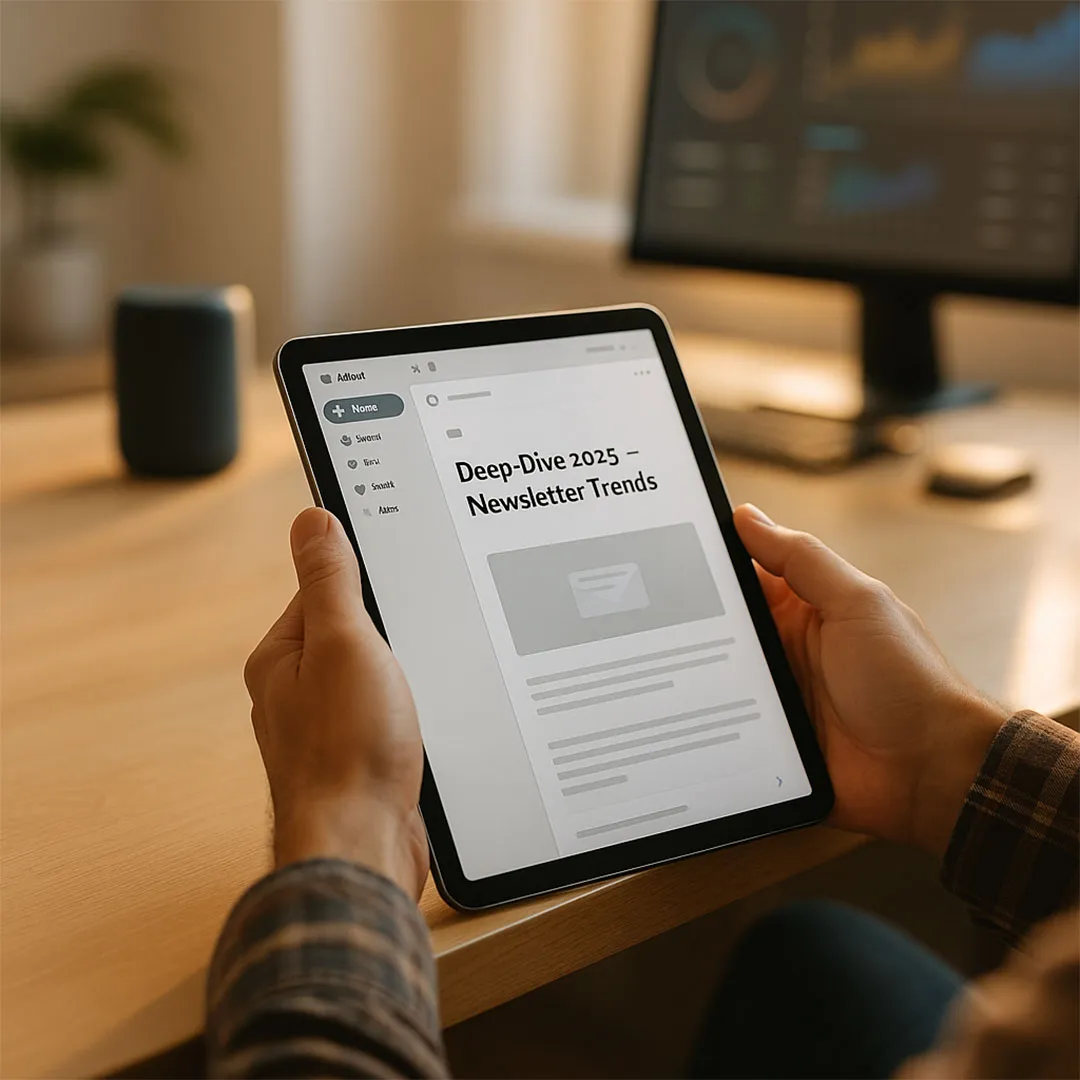 Foto Newsletter-Marketing 2025: Person liest „Deep-Dive – Newsletter Trends“ auf Tablet – Media Beats GmbH